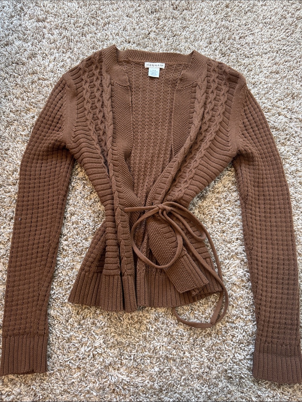 Hannah Brown Cable Knit Cotton Wrap Cardigan Tie Waist